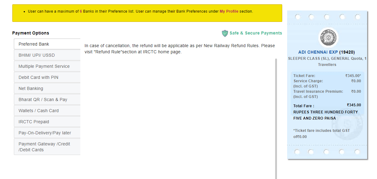 IRCTC Payment screen