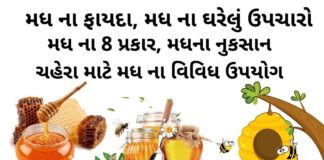 મધ ના ફાયદા - મધ ના ઘરેલું ઉપચારો - મધ ના પ્રકાર - મધના નુકસાન - Madh na fayda in Gujarati - honey benefits in Gujarati