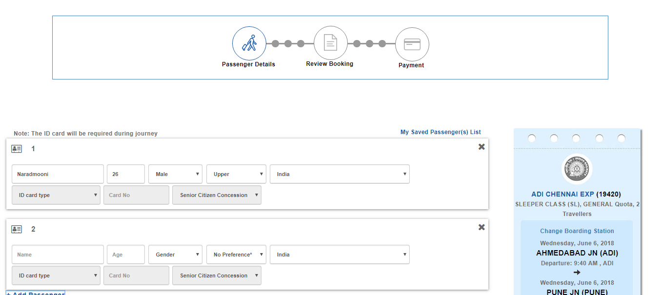 IRCTC add pesenger page